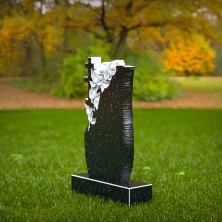 1543 - Elegant Black Granite Headstone with Floral and Cross Engraving - 2