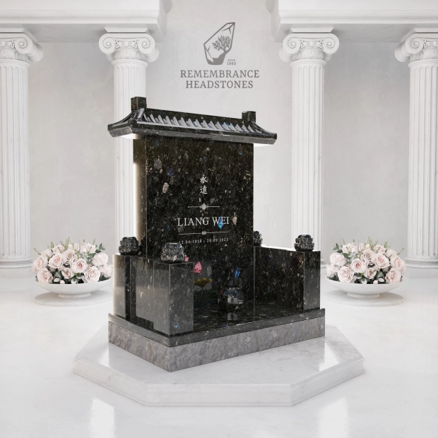 Luxury Asian Temple Roof Granite Memorial with Lotus Vase