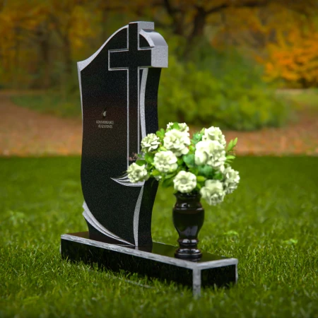 1302 - Traditional Granite Headstone with Cross Design and Flower Vase - 56