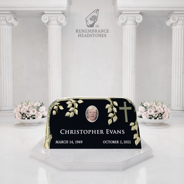 Luxury Slant Granite Headstone with Sculpted Vine & Cross