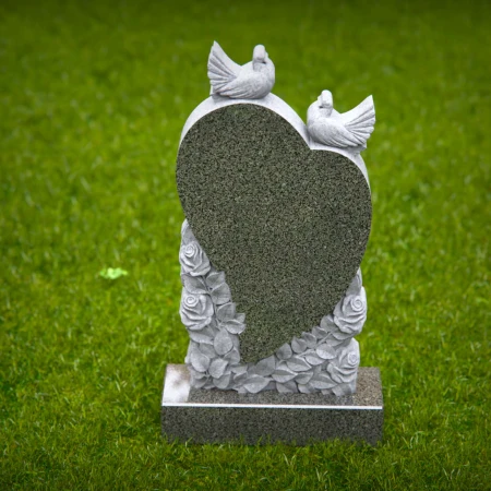 1523 - Heart-Shaped Granite Headstone with Doves and Rose Engraving - 8