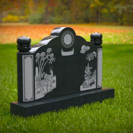 1606 - Traditional Asian-Inspired Memorial Headstone with Nature Engravings - 1