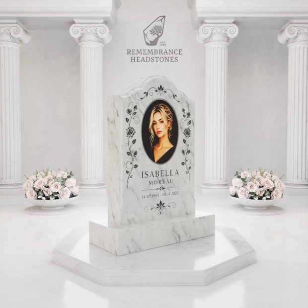 Luxury Floral Portrait Granite Headstone with Ceramic Photo