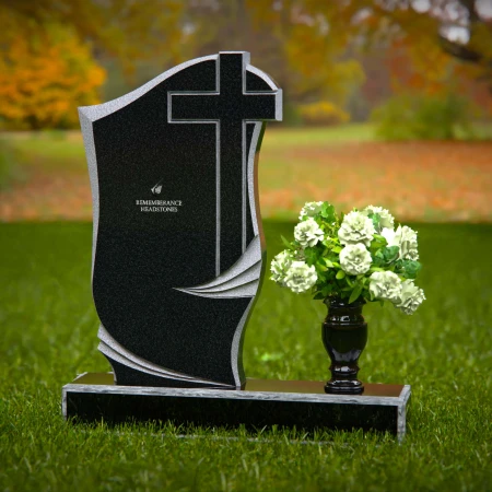 1302 - Traditional Granite Headstone with Cross Design and Flower Vase - 54