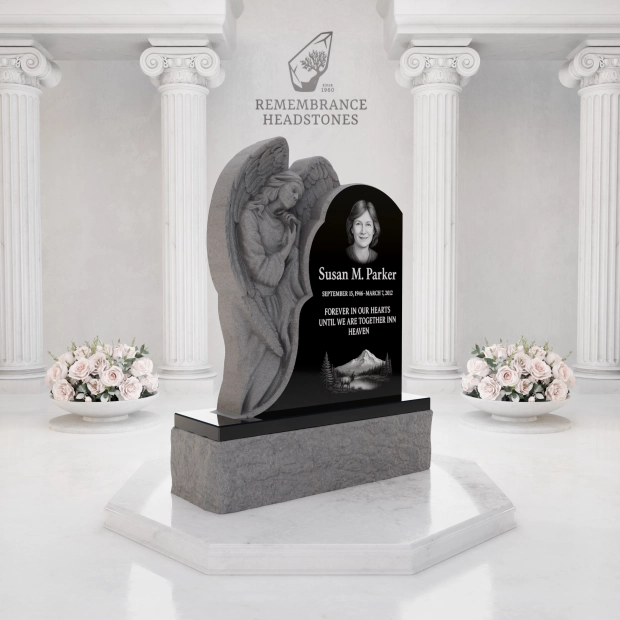 Premium Custom Granite Headstone — Angel Embrace with Asymmetric Arch