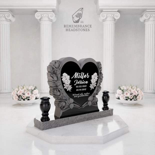 Luxury Heart-Shaped Granite Monument — Carved Rose Garland