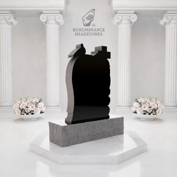  Premium Special-Shape Granite Headstone — Heart Silhouette with Cross, Dove & Roses