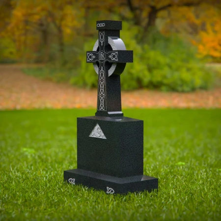 1573 - Celtic Cross Black Granite Headstone with Intricate Engravings - 6