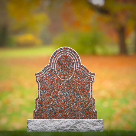 1557 - Classic Red Granite Headstone with Ornate Border and Portrait Frame