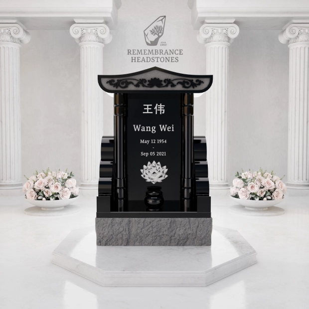 Lux Pagoda-Top Upright Granite Headstone with Columns & Shrine Niche