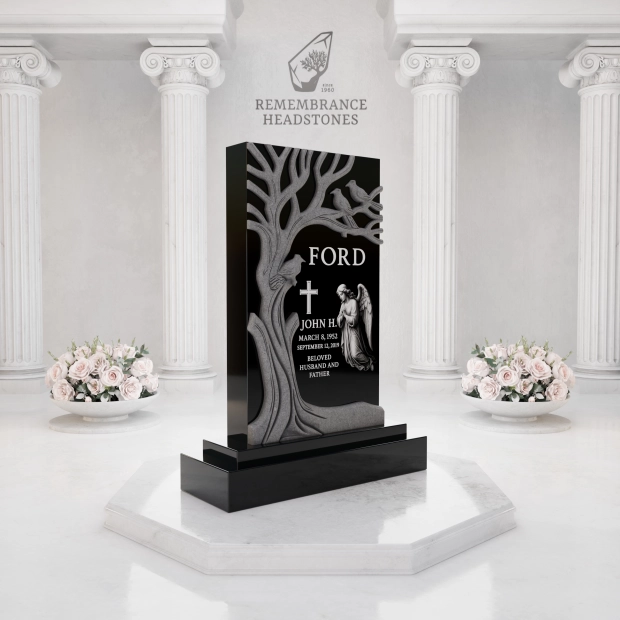 Premium Tree of Life Upright Granite Headstone with Angel & Birds
