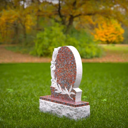 1550 - Oval Red Granite Headstone with Floral Engraving - 3