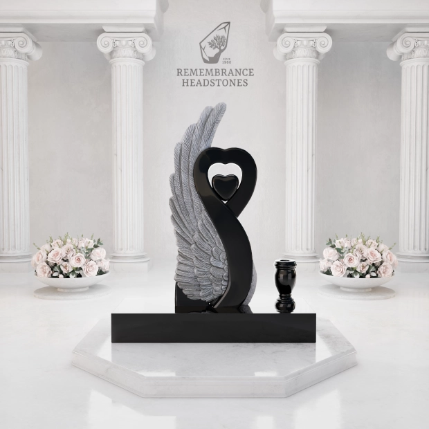 Luxury Special-Shape Granite Headstone — Angel Wing & Heart with Swarovski Accents