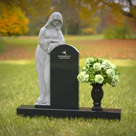 1243 - Praying Angel Granite Headstone with Floral Vase Tribute