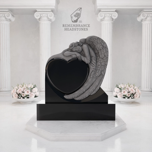 Luxury Heart-Shaped Granite Monument — Weeping Angel Relief