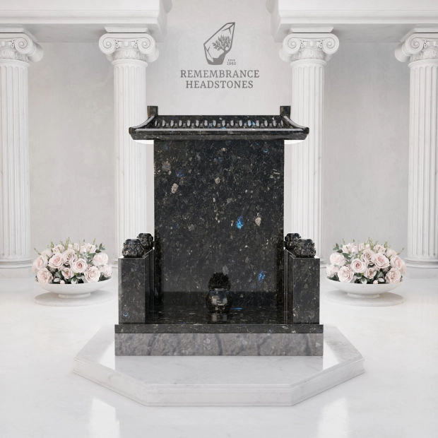 Luxury Asian Temple Roof Granite Memorial with Lotus Vase