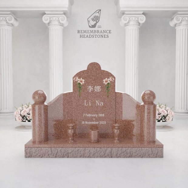 Luxury Asian Family Granite Memorial with Decorative Rail & Lantern Vases