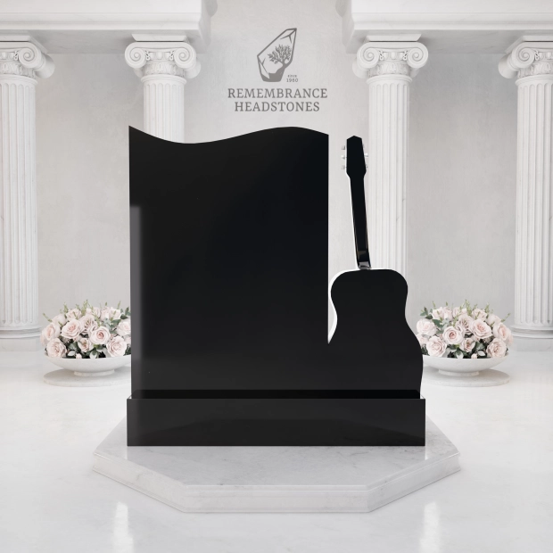  Luxury Upright Granite Headstone with Guitar Sculpture in Elite Artisan Granite