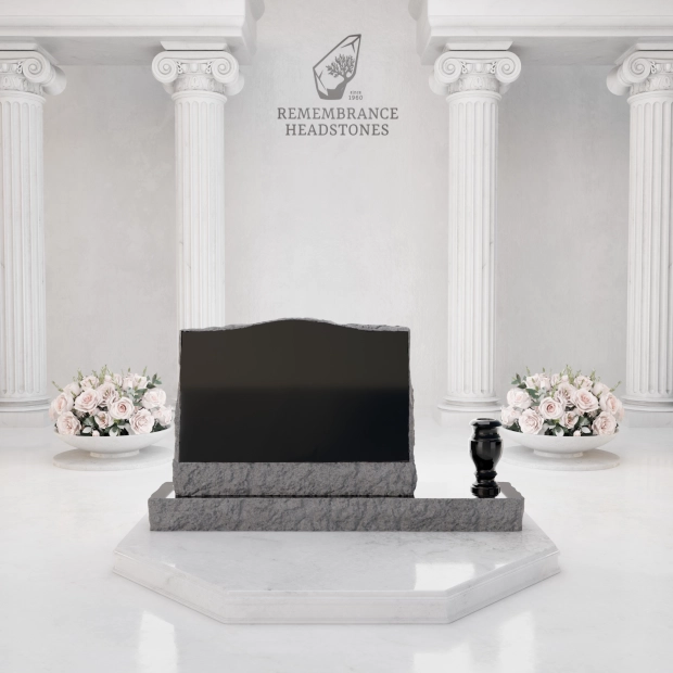  Premium Slant Granite Headstone with Rock-Pitched Edge, Rose Motif & Vase