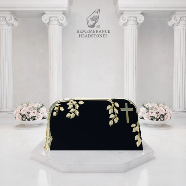 Luxury Slant Granite Headstone with Sculpted Vine & Cross