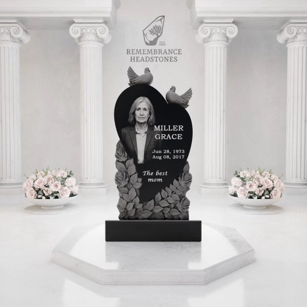  Luxury Heart-Shaped Granite Monument — Doves, Rose Garland & Sewing Motif