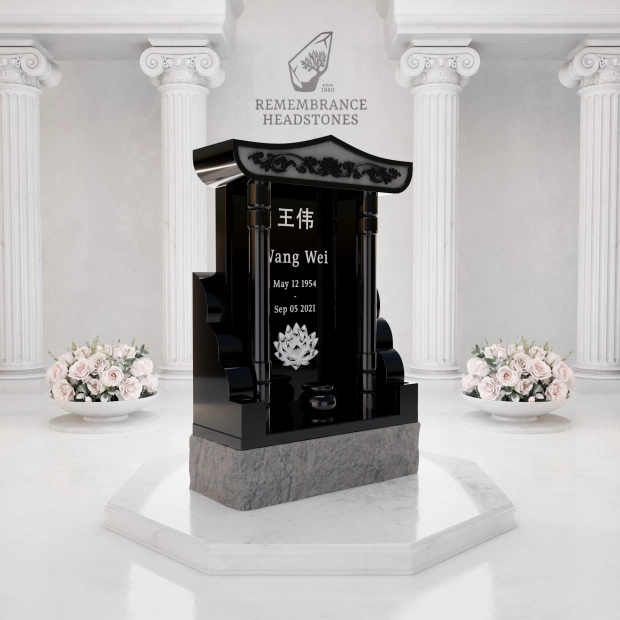 Lux Pagoda-Top Upright Granite Headstone with Columns & Shrine Niche