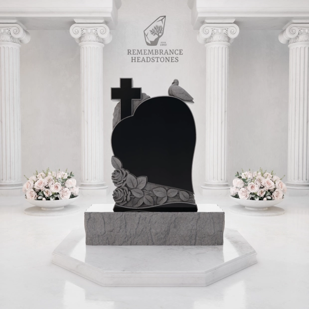  Premium Special-Shape Granite Headstone — Heart Silhouette with Cross, Dove & Roses