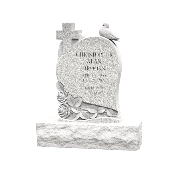 1207005 - Lápida de granito con forma de corazón con cruz, paloma y rosas