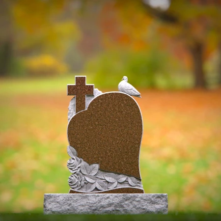 1551 - Heart-Shaped Granite Headstone with Cross, Dove, and Roses