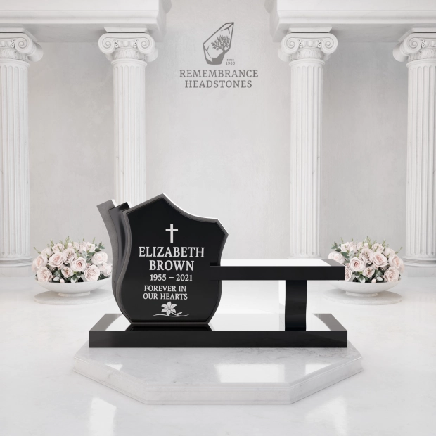 Luxury Granite Memorial Bench with Sculpted Shield Tablet & Floral Engraving                       