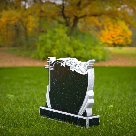 1558 - Black Granite Headstone with Cross, Roses, and Dove Engraving - 1