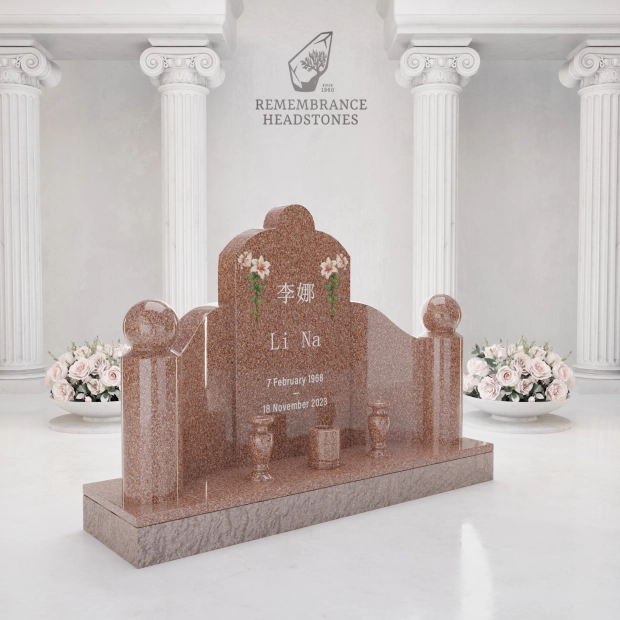Luxury Asian Family Granite Memorial with Decorative Rail & Lantern Vases