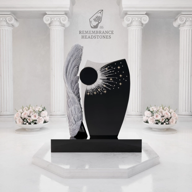 Luxury Upright Monument With Angel Wing, Swarovski Crystals, and Starburst Design
