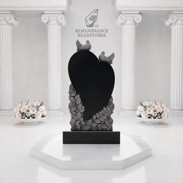  Luxury Heart-Shaped Granite Monument — Doves, Rose Garland & Sewing Motif