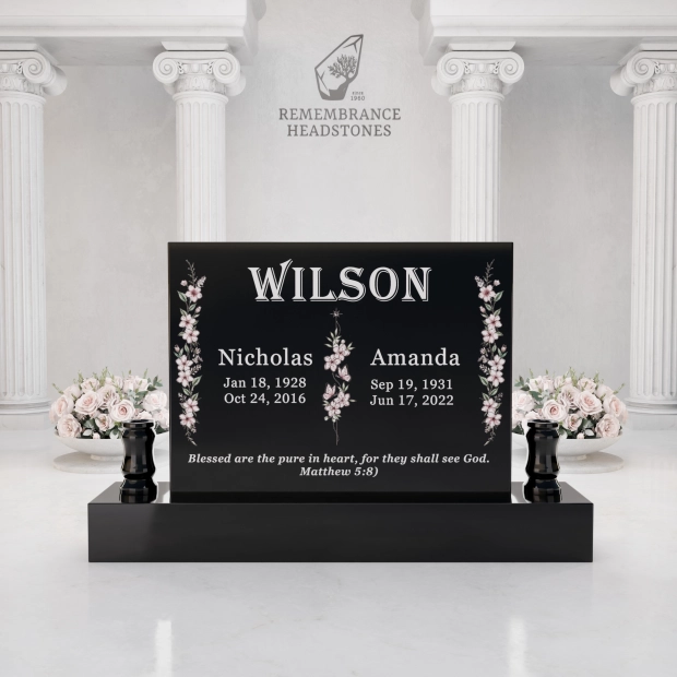 Premium Companion Granite Memorial with Floral Tribute