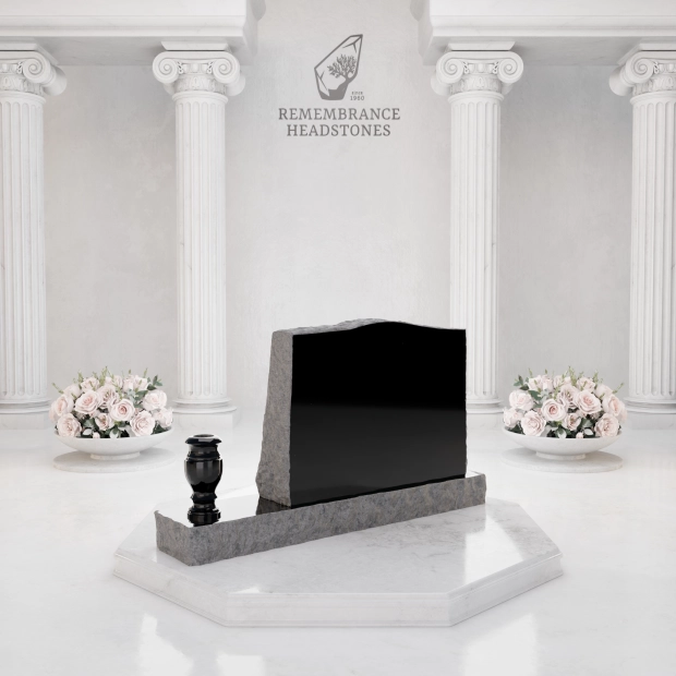Premium Slant Granite Headstone with Rock-Pitched Edge, Rose Motif & Vase