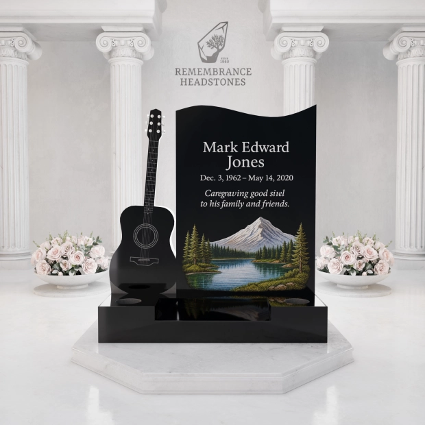  Luxury Upright Granite Headstone with Guitar Sculpture in Elite Artisan Granite