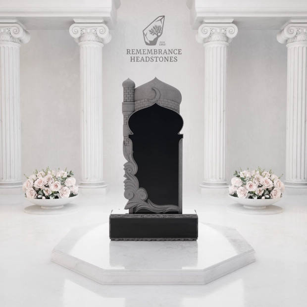 Luxury Upright Granite Headstone — Mosque-Arch with Minaret Relief