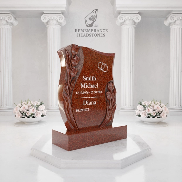 Luxury Companion Rose Carved Granite Headstone with Wedding Rings