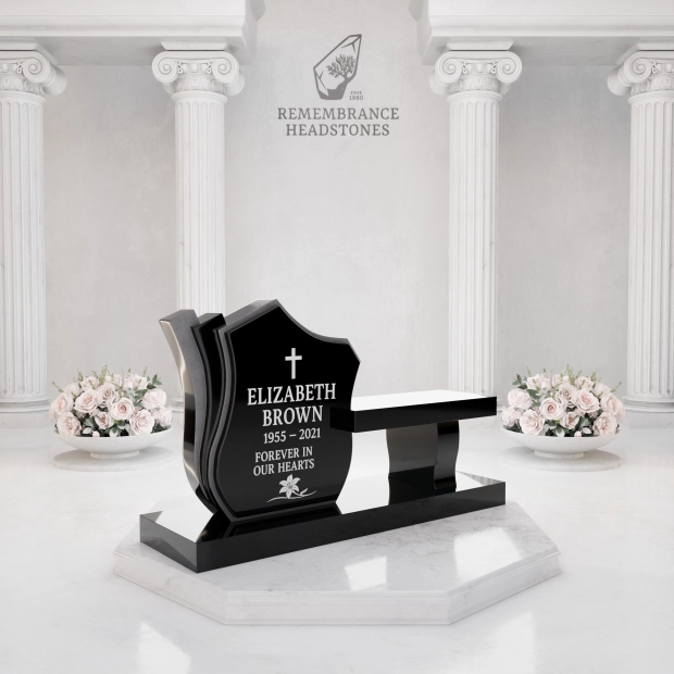 Luxury Granite Memorial Bench with Sculpted Shield Tablet & Floral Engraving                       