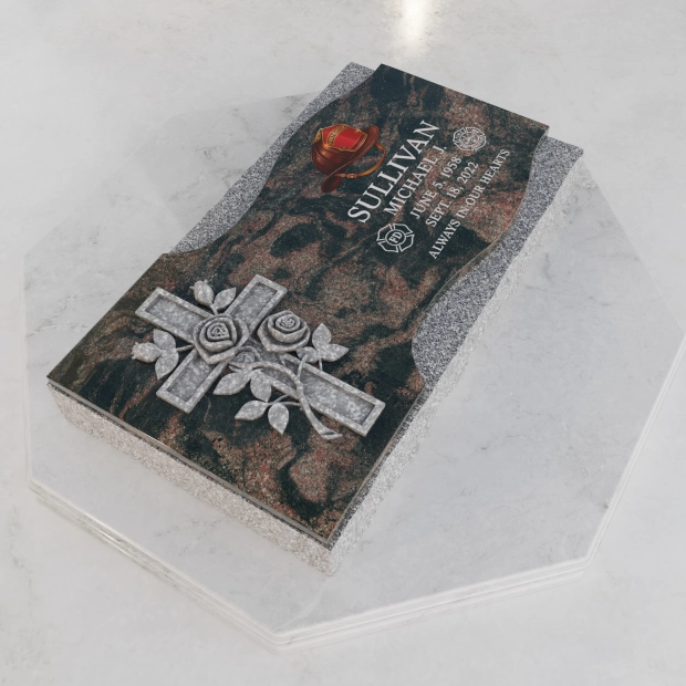 Luxury Firefighter Cross Flat Granite Grave Marker with Roses