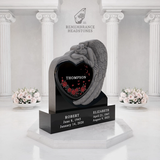 Luxury Heart-Shaped Granite Monument — Weeping Angel Relief