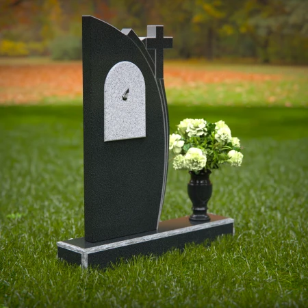 1265 - Unique Granite Headstone with Cross and Black Plaque Design – Elegant Memorial Tribute - 21