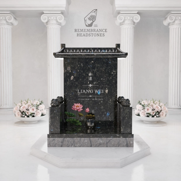 Luxury Asian Temple Roof Granite Memorial with Lotus Vase