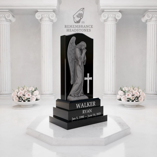 Luxury Praying Angel Granite Headstone with Cross Relief