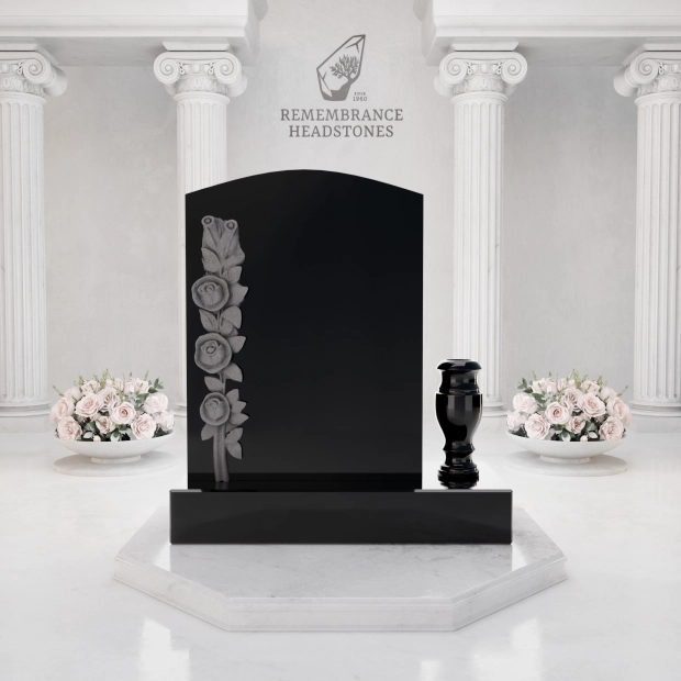  Luxury Upright Granite Headstone with Cross, Carved Roses & Vase