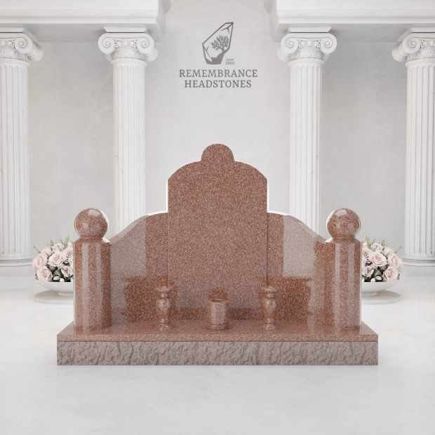 Luxury Asian Family Granite Memorial with Decorative Rail & Lantern Vases