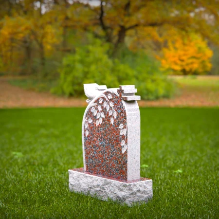 1548 - Red Granite Headstone with Dove, Cross, and Leaf Engraving - 6