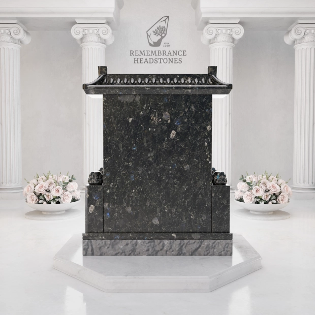 Luxury Asian Temple Roof Granite Memorial with Lotus Vase