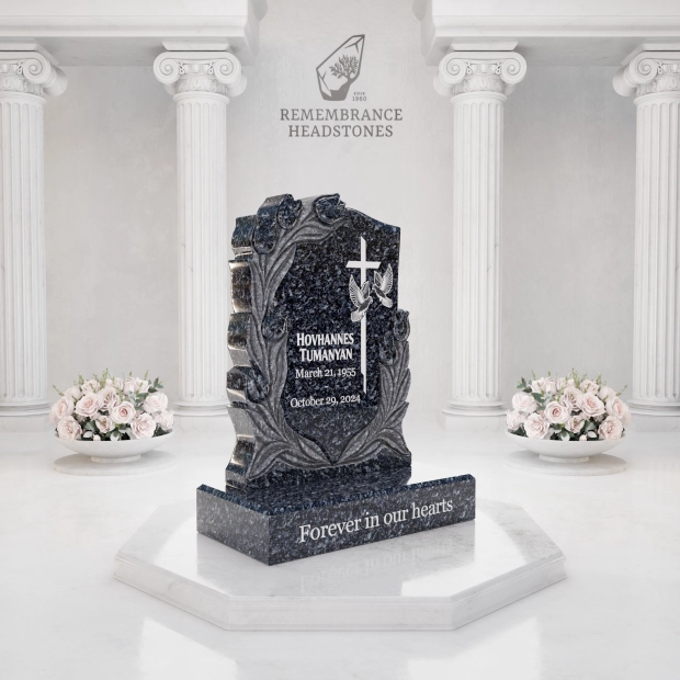Luxury Floral Christian Granite Headstone with Cross & Doves